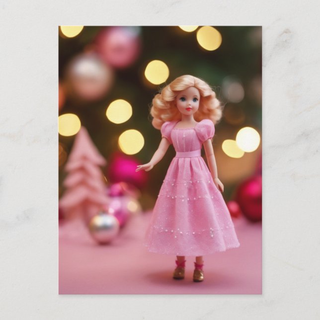 Cute Blond Pink Retro Christmas Doll Postcard (Front)