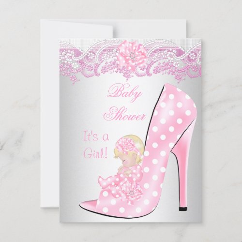 Cute Blonde Baby Shower Girl Pink Baby Shoe Invitation