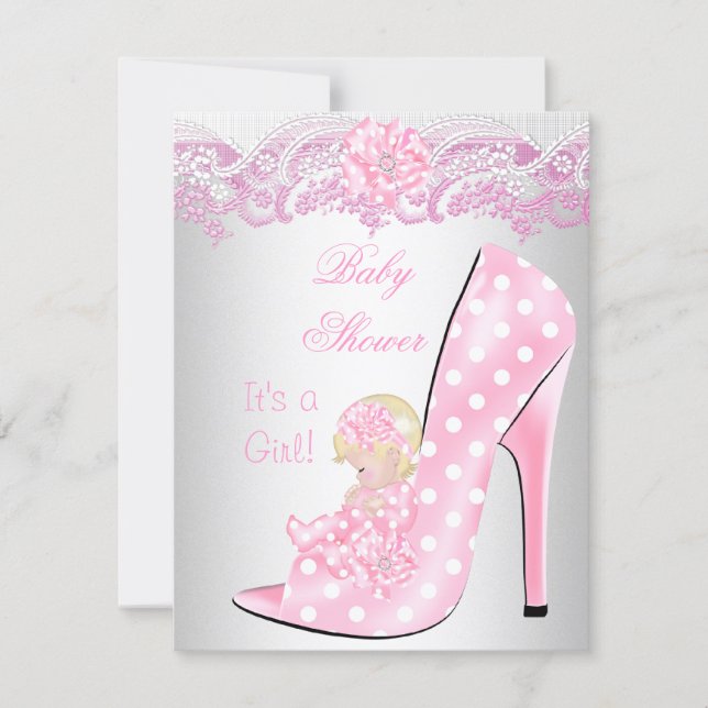 Cute Blonde Baby Shower Girl Pink Baby Shoe Invitation (Front)