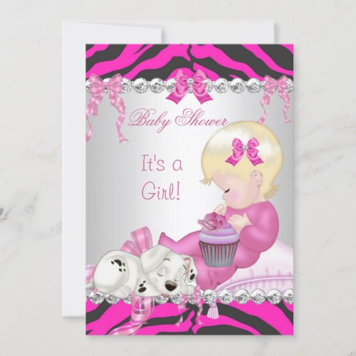 Cute Blonde Baby Shower Girl Pink Zebra Cupcake Invitation