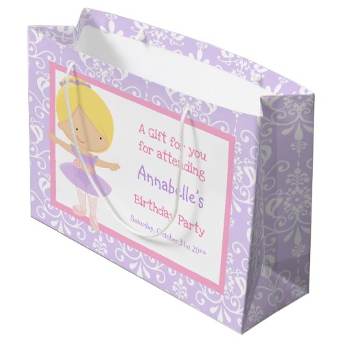 Cute Blonde Ballerina and Purple Damask Thank You Large Gift Bag