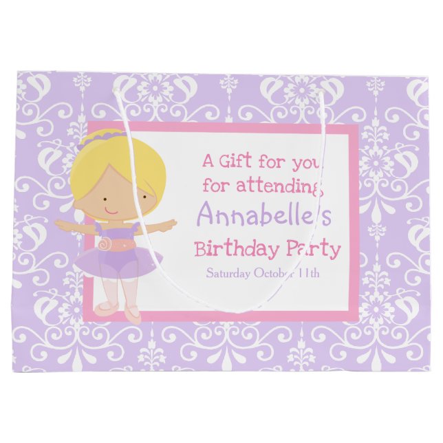 Cute Blonde Ballerina and Purple Damask Thank You Large Gift Bag (Back)