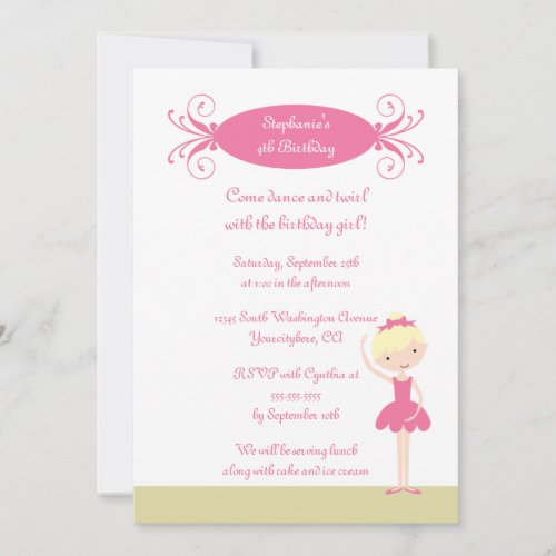 Cute blonde ballerina birthday party invitation