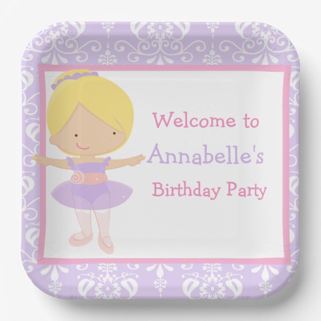 Cute Blonde Ballerina Birthday Party Paper Plates (Front)