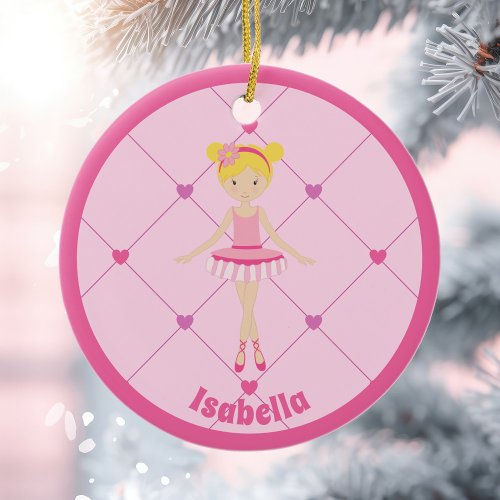 Cute Blonde Ballerina Girl Custom Pink Christmas Ceramic Ornament