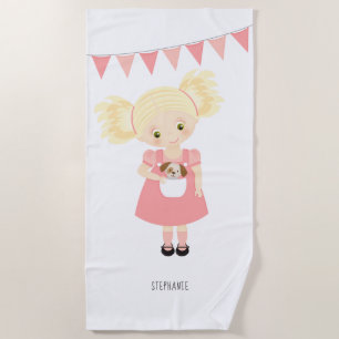 Cute Blonde Birthday Girl and Puppy Beach Towel