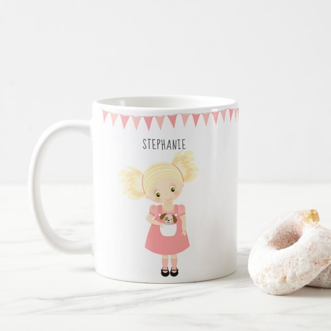 Cute Blonde Birthday Girl and Puppy Coffee Mug (With Donut)