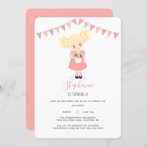 Cute Blonde Birthday Girl and Puppy Invitation