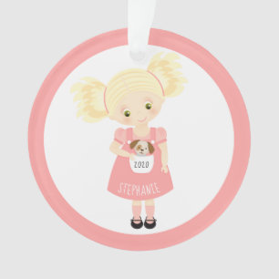 Cute Blonde Birthday Girl and Puppy Ornament