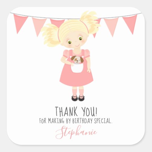 Cute Blonde Birthday Girl and Puppy Square Sticker