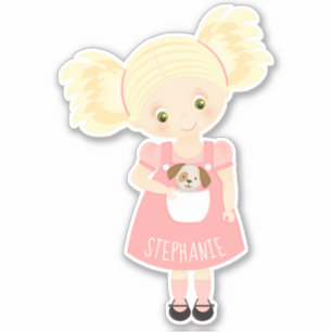 Cute Blonde Birthday Girl and Puppy Sticker