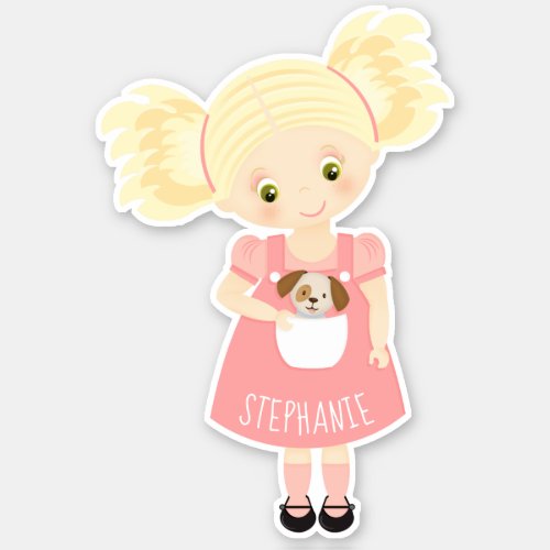 Cute Blonde Birthday Girl and Puppy Sticker