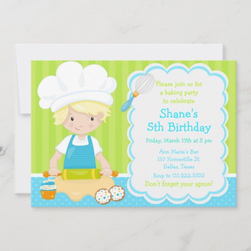 Cute Blonde Boy Baking Birthday Party Invitation