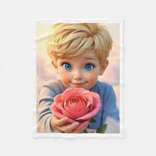 Cute Blonde Boy Holding Pink Rose Fleece Blanket