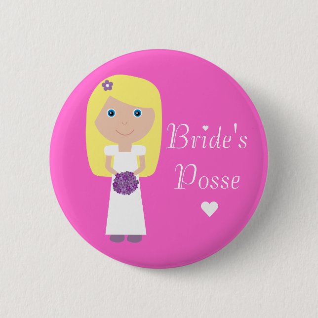 Cute Blonde Cartoon Bride's Posse Bachelorette Pinback Button (Front)