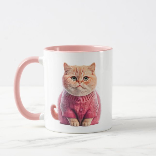 Cute Blonde Cat Mug with Pink Coat - "Purrr" (Left)