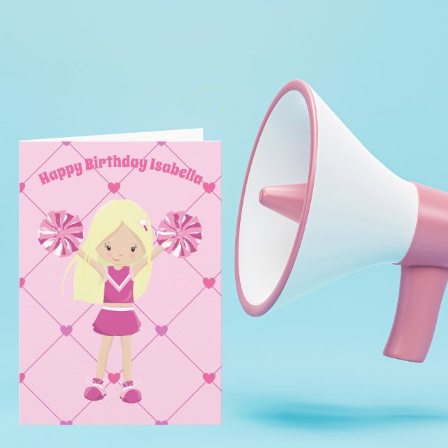 Cute Blonde Cheerleader Custom Pink Birthday Girl Card (Creator Uploaded)