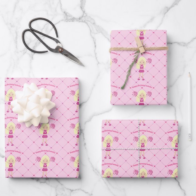 Cute Blonde Cheerleader Custom Pink Birthday Girl Wrapping Paper Sheets (Front)