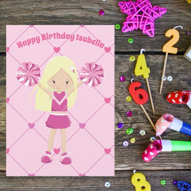 Cute Blonde Cheerleader Custom Pink Girls Birthday Card (Creator Uploaded)