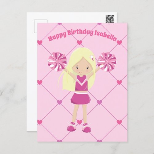 Cute Blonde Cheerleader Custom Pink Girls Birthday Postcard