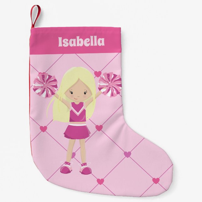 Cute Blonde Cheerleader Pink Personalized Cheer Small Christmas Stocking (Front)