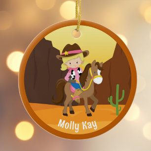 Cute Blonde Cowgirl Custom Kids Name Christmas Ceramic Ornament