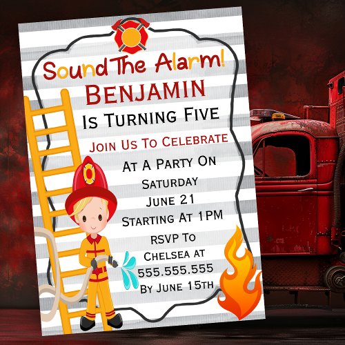 Cute Blonde Firefighter Boys Birthday   Invitation