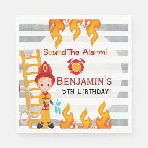 Cute Blonde Firefighter Boys Birthday   Napkins