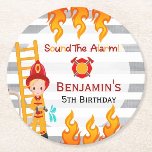 Cute Blonde Firefighter Boys Birthday   Round Paper Coaster