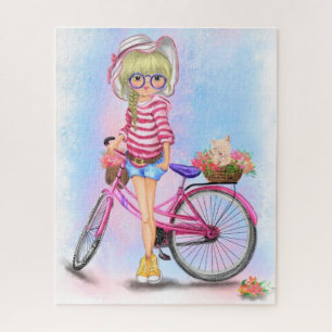 Cute Blonde Girl and Pink Bike Puzzle