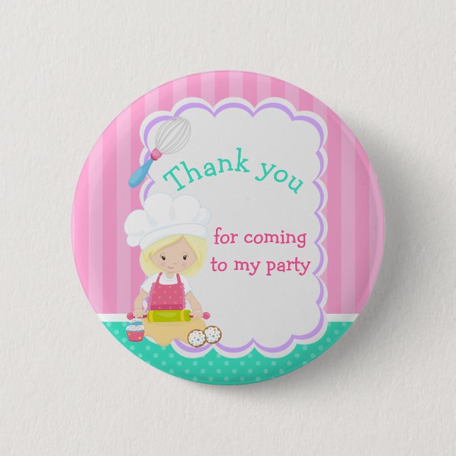Cute Blonde Girl Baking Birthday Party Button (Front)