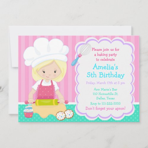 Cute Blonde Girl Baking Birthday Party Invitation