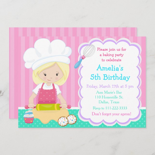 Cute Blonde Girl Baking Birthday Party Invite (Front/Back)