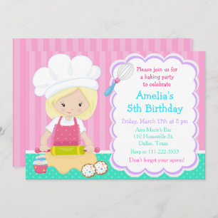 Cute Blonde Girl Baking Birthday Party Invite