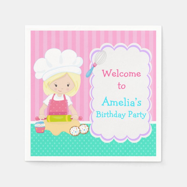 Cute Blonde Girl Baking Birthday Party Napkins (Front)