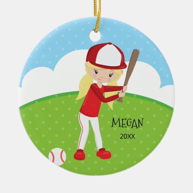 Cute Blonde Girl Baseball Personalized Christmas Ceramic Ornament (Front)