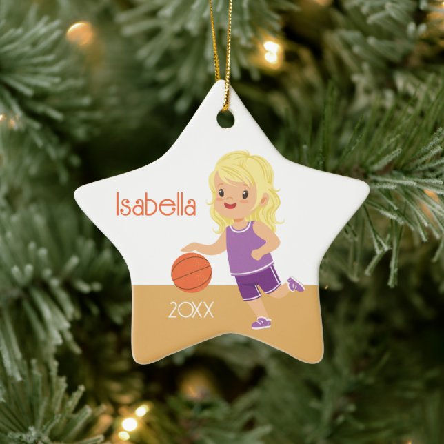 Cute Blonde Girl Basketball Ceramic Ornament (Tree)