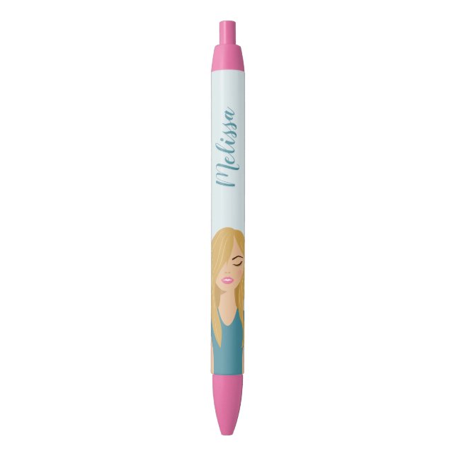 Cute Blonde Girl Illustration With Custom Name Pen (Front Vertical)
