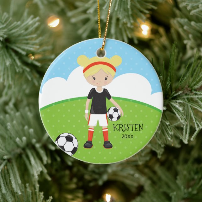 Cute Blonde Girl Soccer Personalized Christmas Ceramic Ornament (Tree)