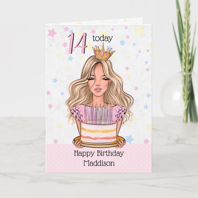 Cute Blonde Girl with Birthday Cake Greeting Card (Front)