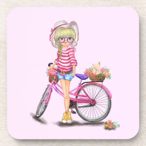Cute Blonde Girl with Pink Bike and Cat in Flowers Beverage Coaster