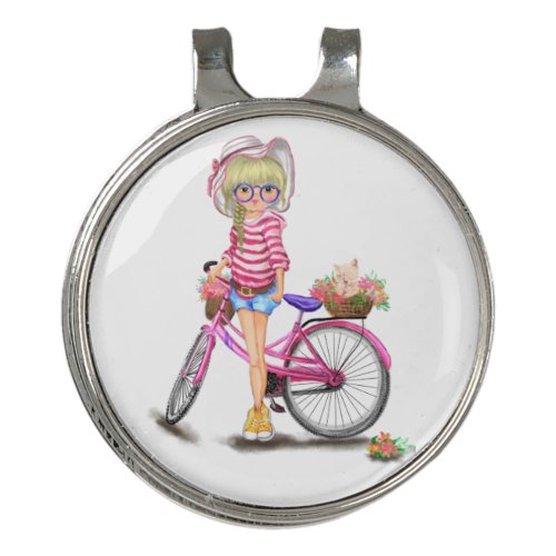 Cute Blonde Girl with Pink Bike and Cat in Flowers Golf Hat Clip
