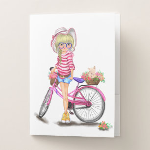 Cute Blonde Girl with Pink Bike and Cat in Flowers Pocket Folder