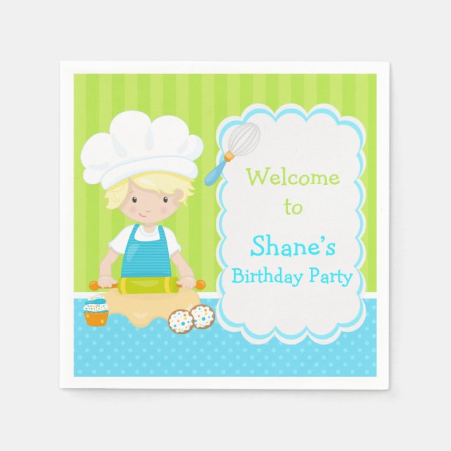 Cute Blonde Hair Boy Baking Birthday Party Napkins (Front)