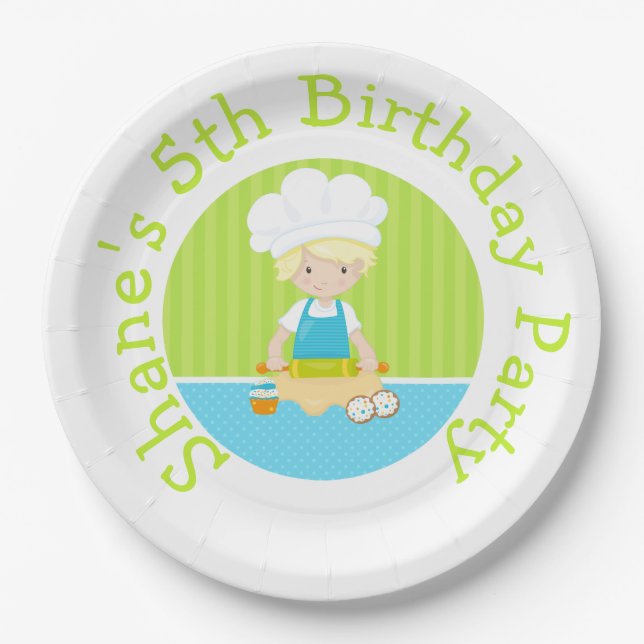 Cute Blonde Hair Boy Baking Birthday Party Paper Plates (Front)
