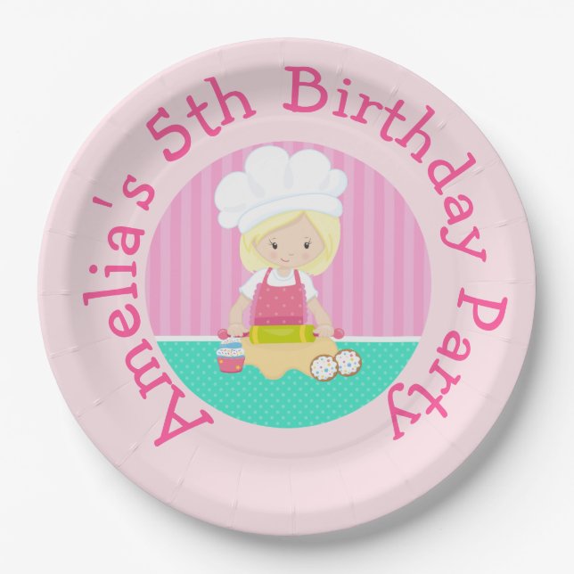 Cute Blonde Hair Girl Baking Birthday Party Paper Plates (Front)