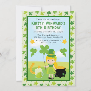 Cute Blonde Hair Girl St Patrick's Kids Birthday Invitation