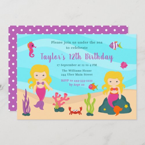 Cute Blonde Hair Mermaid Birthday Invitation