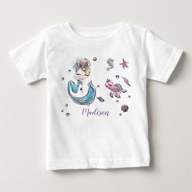 Cute Blonde Hair Mermaid Under the Sea Girl Baby T-Shirt (Front)