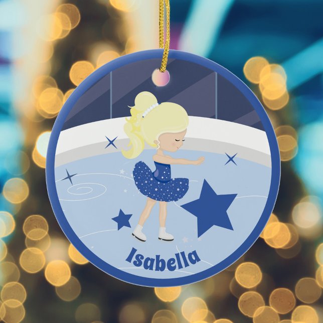 Cute Blonde Ice Skating Girl Custom Blue Christmas Ceramic Ornament (Creator Uploaded)